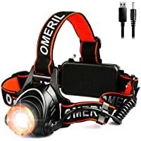 Los mejores  - OMERIL Linterna Frontal LED- Linterna Cabeza USB Recargable 4000mAh- 90° Ajustable y Zoomable Luz Frontal con 3 Modos de…